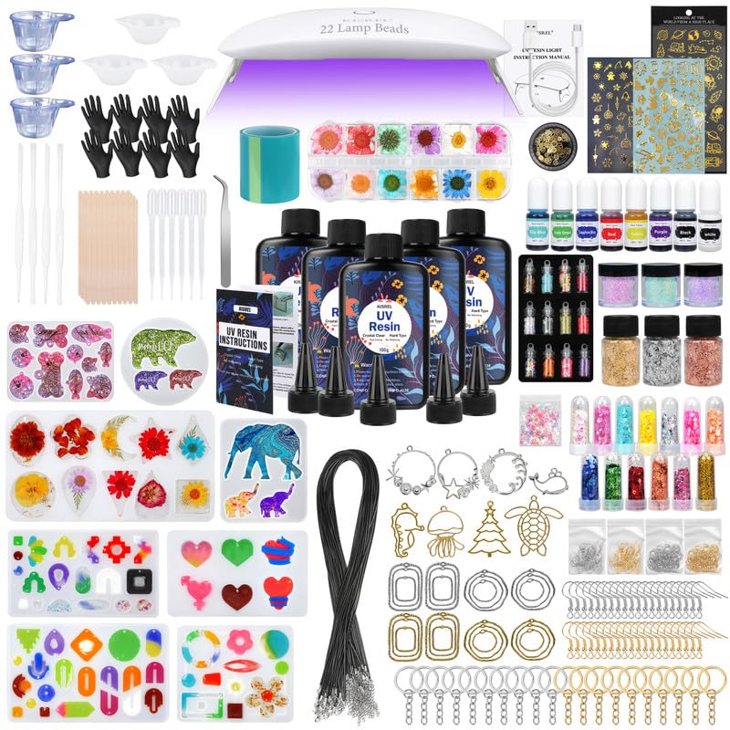 KISREL UV Resin Jewelry Making Kit - 500g Crystal Clear UV Resin Large Light with 22 Beads and Jewelry Molds Fast Curing for Keychains Earring Making DIY Craft Decorations
