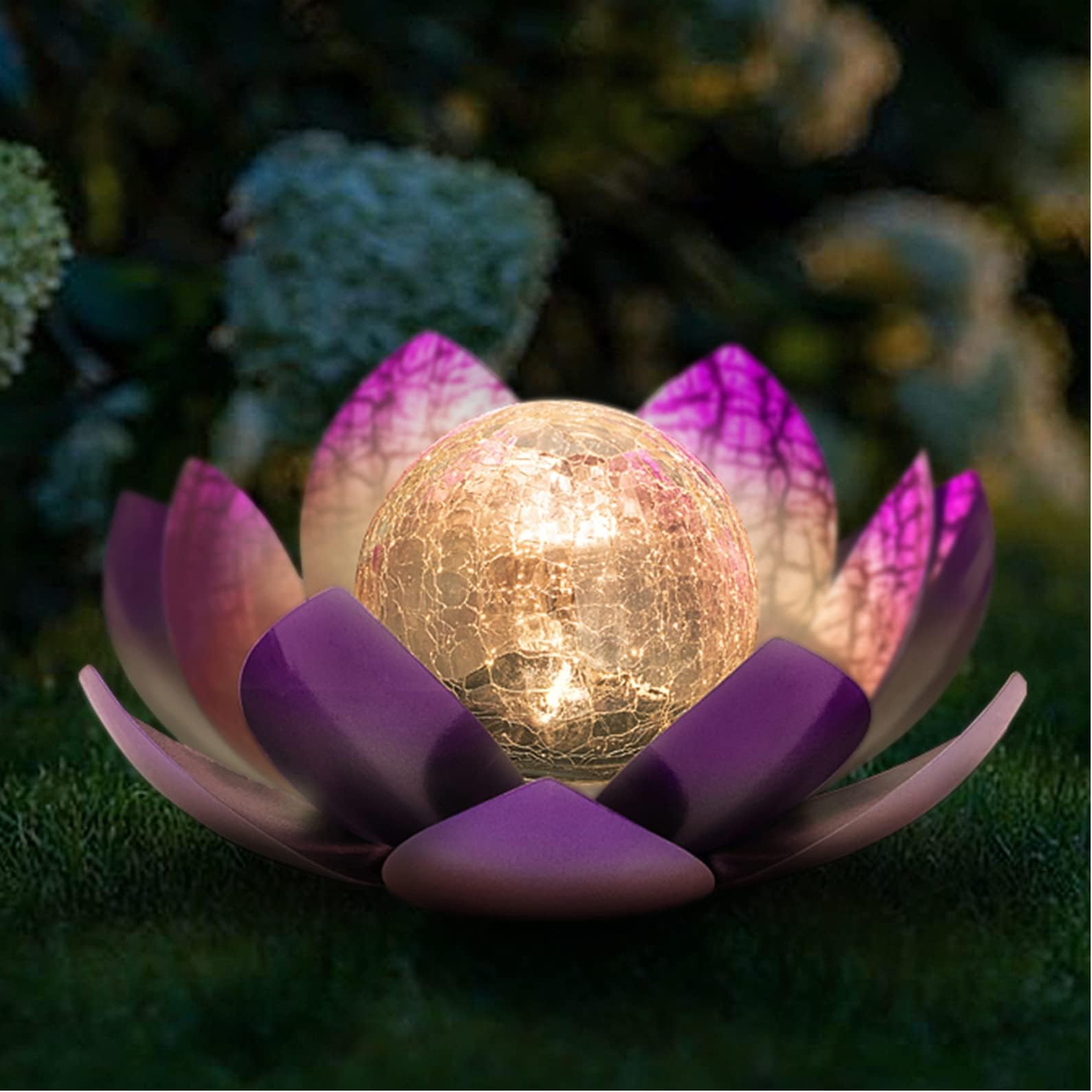 Huaxu Solar Lights for Outdoor Decor,Purple Lotus Light,Waterproof LED Crackle Globe Glass Flower Light for Garden, Patio, Yard, Porch, Pathway, Ground, Tabletop