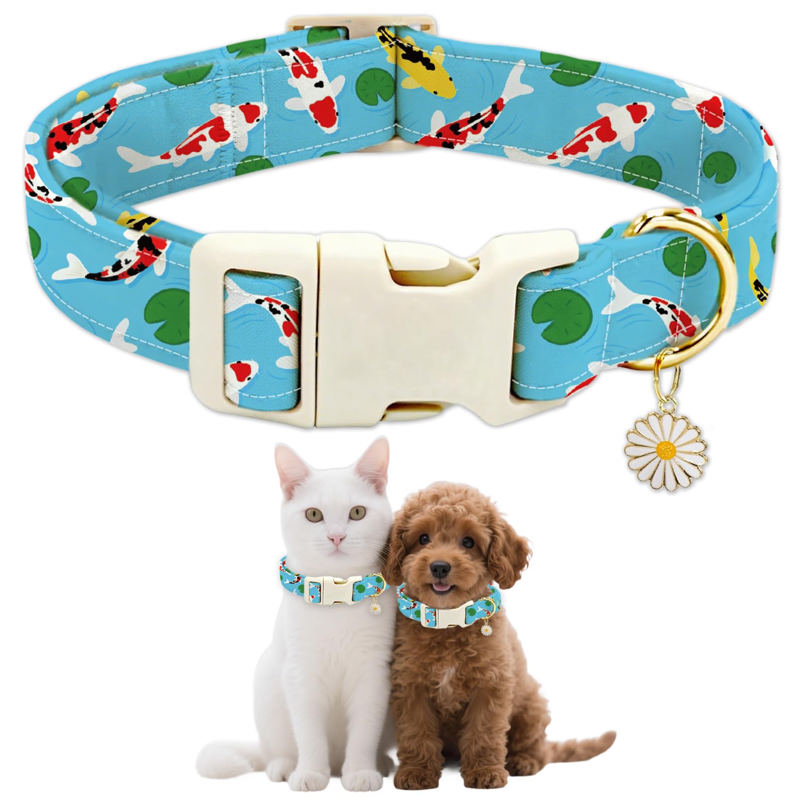 GLOBLELAND Lotus Leaves Dog Collar Carp Fish Pet Collars Adjustable Soft Cute Dog Collar with Quick Release Buckle for Small Dogs Puppy Walking Running