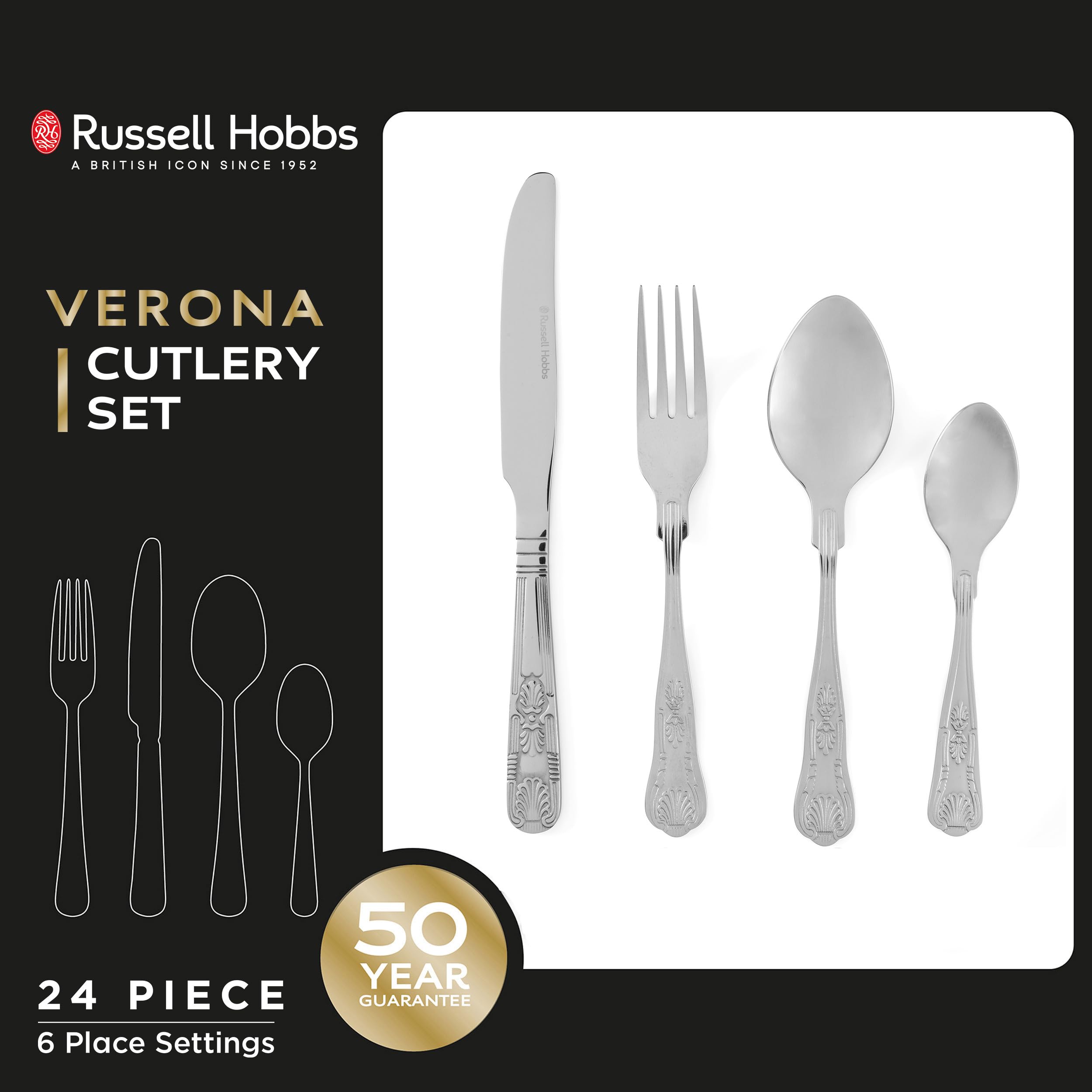 Ensemble De Couverts 24 Pièces Russell Hobbs Marseille - Acier Inoxydable 18/0, Pour 6 Personnes