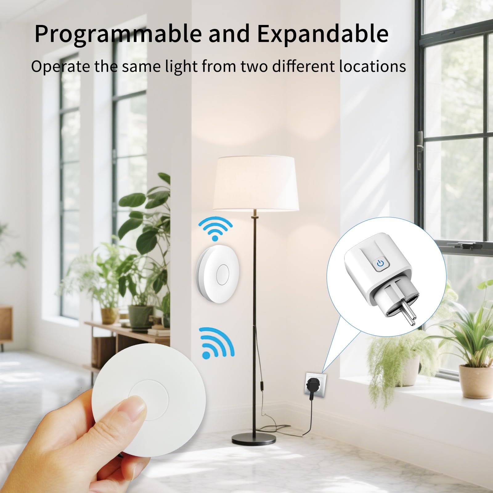 Smart presa con telecomando, kit senza batterie, 433 MHz, trasmettitore radio autocorrente, 100 m, 3500 W, interruttore radio per lampada/ventilatore/riscaldatore (2 bottoni, 1 socket)