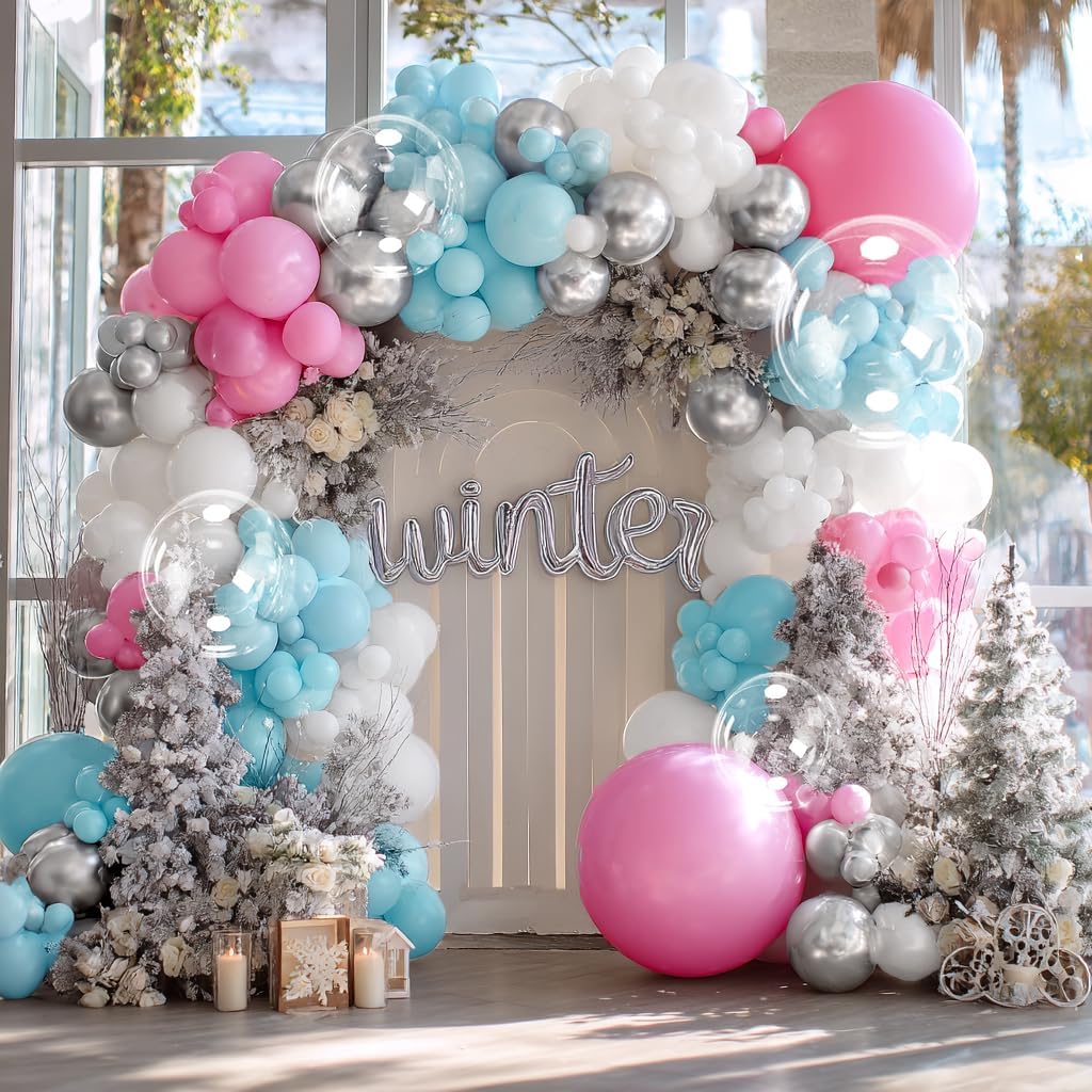 Pink Blue White Balloon Arch DOUBLE STUFFED Blue Pink White Balloons for Birthday Baby Shower Chrisatmas Winter Party Decorations
