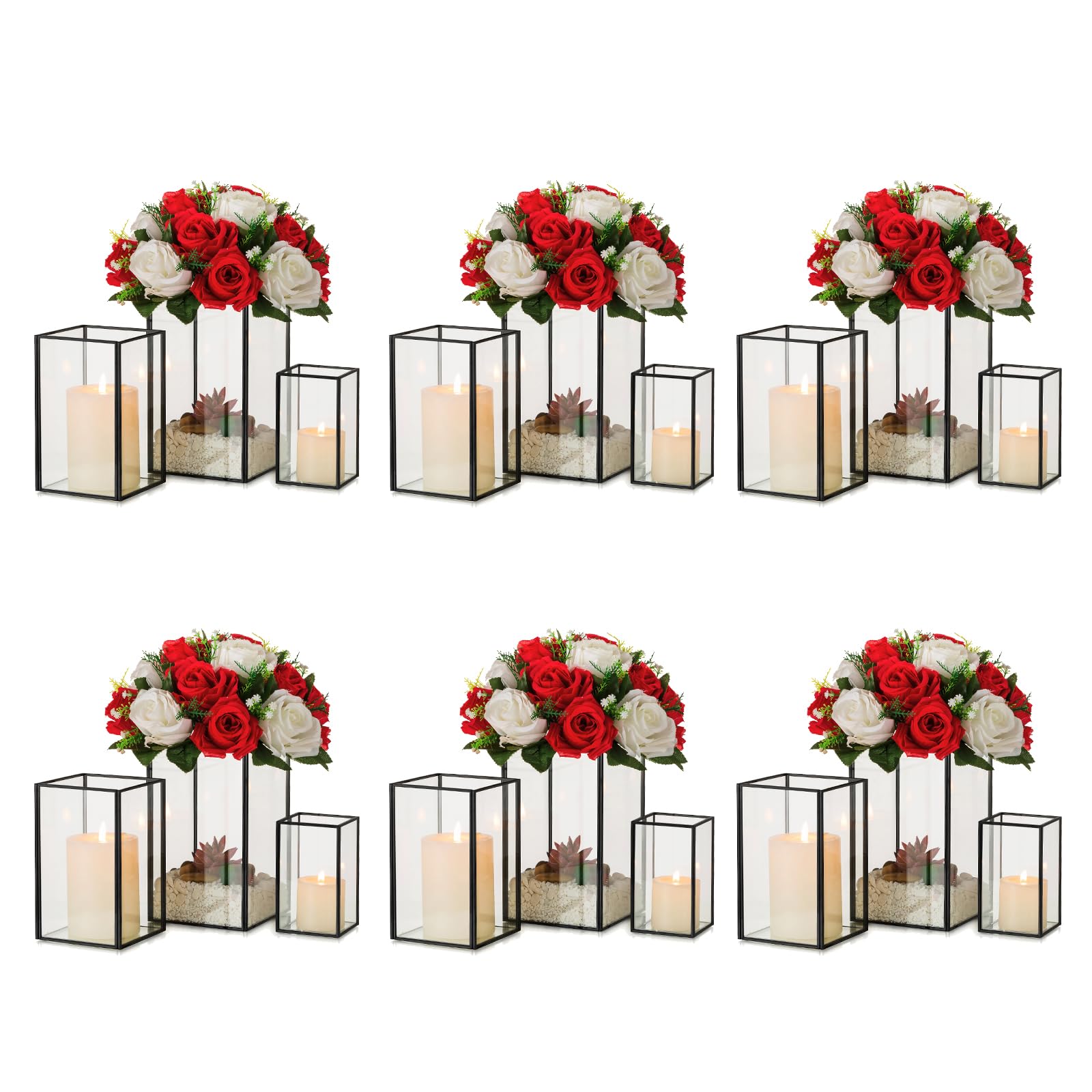 glass hurricane candle holder large - hewory 18pcs black rectangle flower holders centerpiece for table, tall floor square pillar candle lantern for wedding, anniversary, party, fireplace, dining room