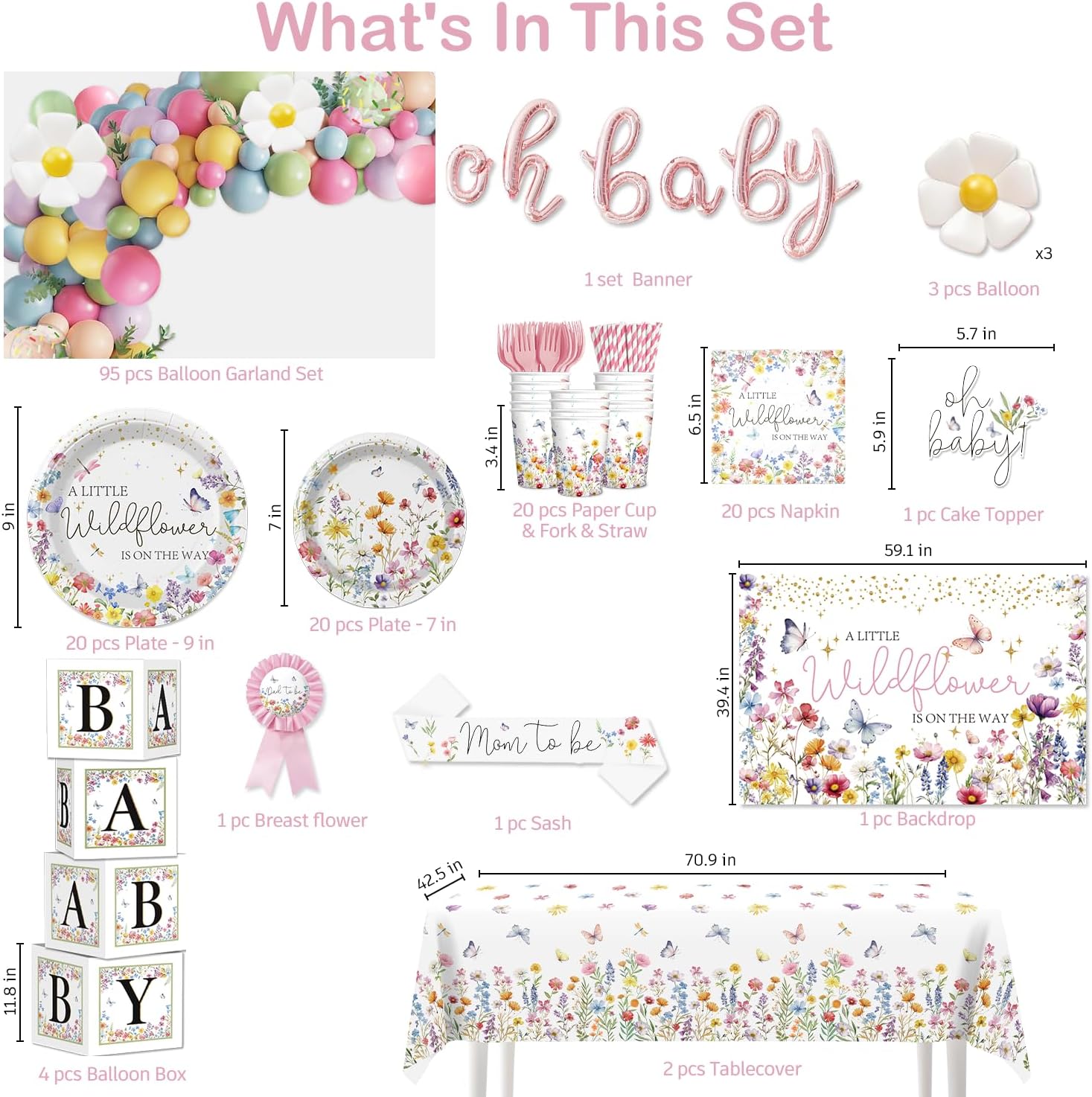 Wildflower Baby Shower Decorations for Girl, All-in-One Set A Wildflower is on the Way Baby Shower Decor, Wildflower Balloon arch Cake Topper Tableware Balloon Box Backdrop Sash Corsage, Etc