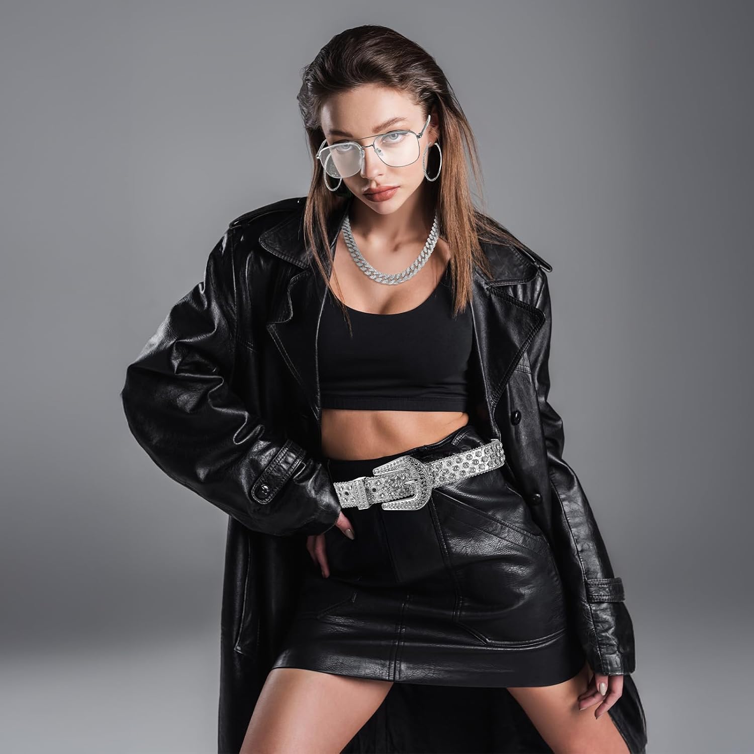 5 Pcs Women Rhinestone Belt Accessories Jewelry Set Bling Studded Leather Belt Cuban Link Chain Necklace Earrings Bracelet Hoop Sunglasses