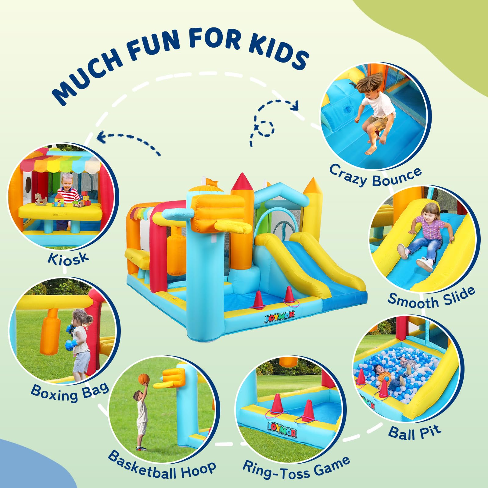 JOYMOR 9-in-1 Bounce House for Big Kids 8-12 w/Height-Adjustable Basketball Hoop, 30s Quick Inflatable Bounce House for Kids 3-6 with Blower, Portable Bag for Indoor Outdoor Party (Kiosk Theme)