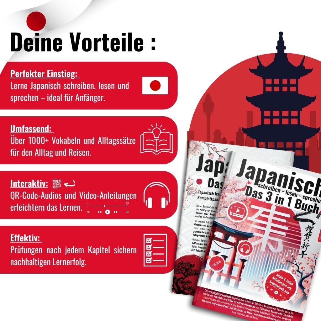 Japanisch Lernen 3-in-1 Komplettkurs: Lerne anfängerfreundlich Japanisch Schreiben, Lesen & Sprechen mit über 1000+ Vokabeln und Alltagssätzen | Inkl. ... für fließende Hiragana-Handschrift
