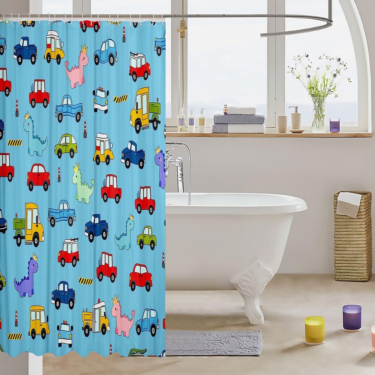 Feelyou Dinosaur Shower Curtain for Bathroom Decor Dino Cartoon Car Bath Curtain Cute Dino Bathroom Accessories Waterproof Polyester Fabric for Stalls Bathtubs 72"x72" image 3