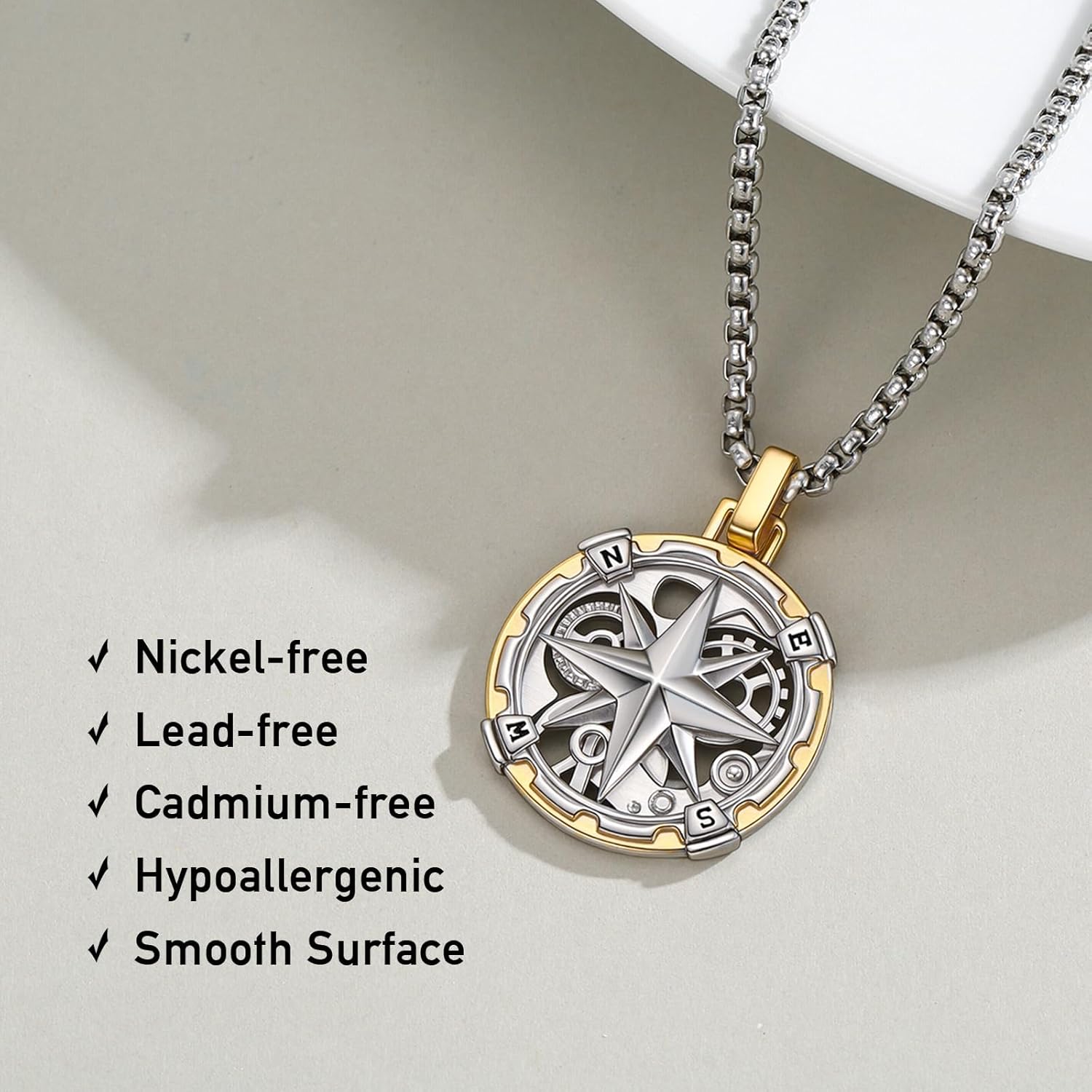 925 Sterling Silver Compass Necklace with Stainless Steel Rolo Chain 22"+2" - Image 3