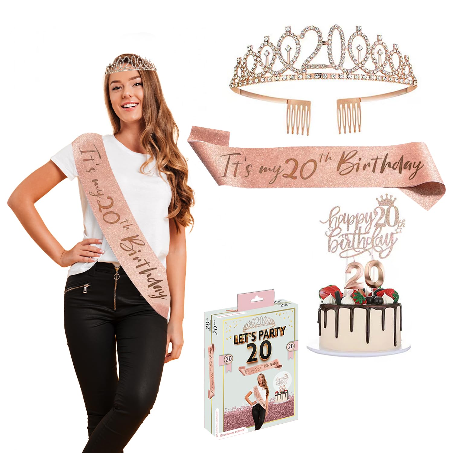 Bday® 20 Year Old Girl Birthday Kit | Miss Scarf Rose Gold | Crown Tiara with Rhinestone | Candles Number 20 | Woman Party Accessory | Cake Topper | Photobooth | Gift | OriginalCorner®