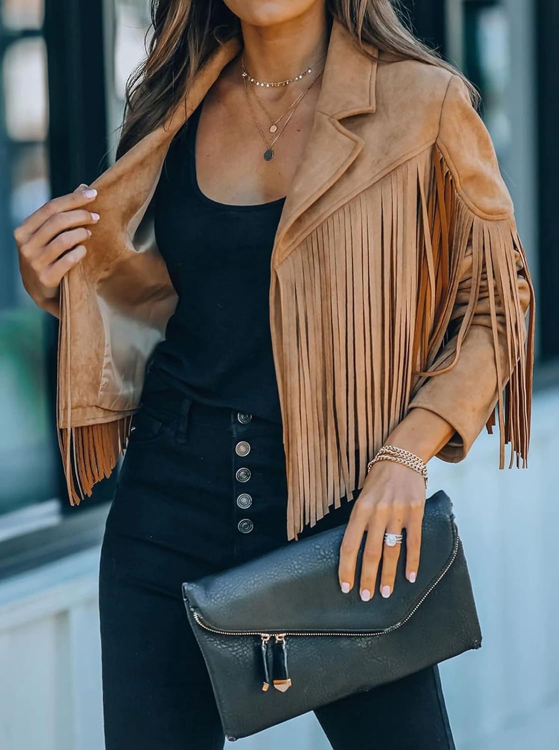Bibowa Faux Suede Leather Jackets For Women Trendy Fall Western Fringe Cropped Jacket 2025 Tassel Motorcycle Crop Coats - Image 2