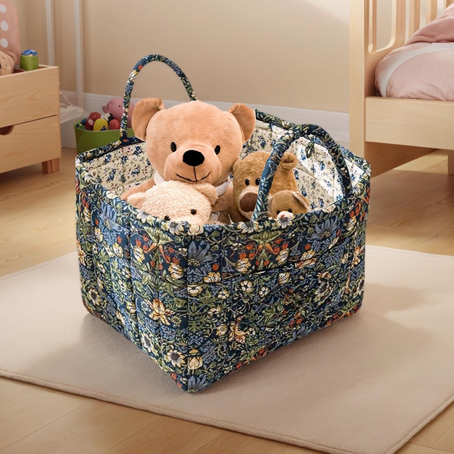 Boho Quilted Fabric Basket, Foldable Hamper for Clothes, Toys, Bedroom, Bathroom, Nursery, Closet, Living Home Storage, 33x27x26 cm, 200 g