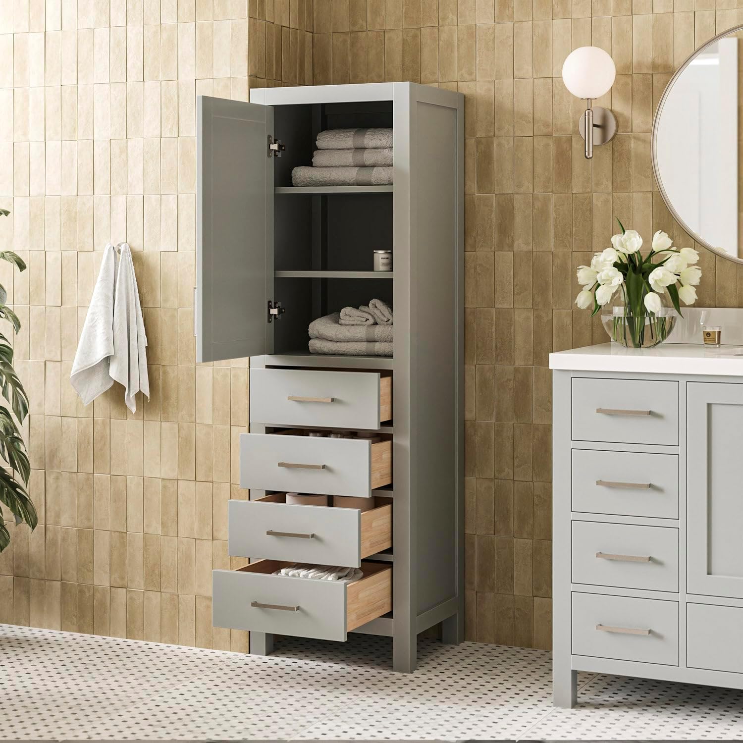 ARIEL Cambridge cabinet open in a bathroom setting, showing interior storage