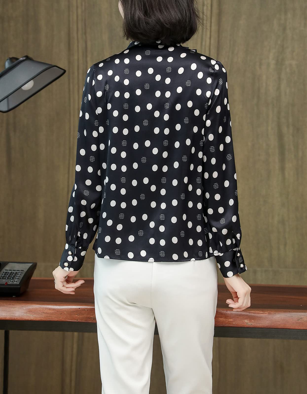 E-girl Blusa de seda para mujer con estampado de puente, blusa de manga larga con cuello en V, blusa de seda, S3517