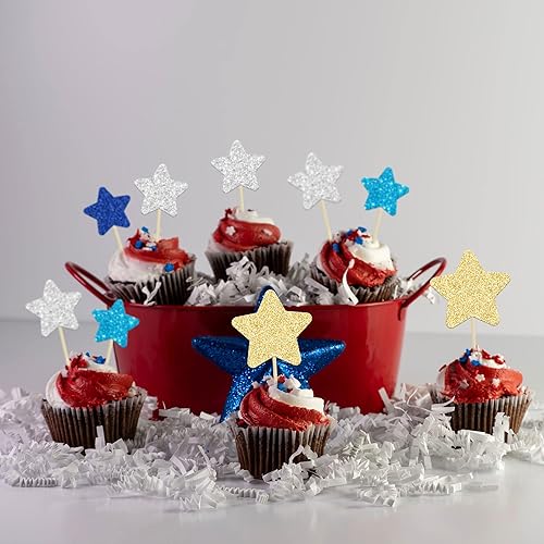 Miniatura 6 de Gyufise 42 piezas de adornos de estrellas para cupcakes, dorados, plateados, azules, con purpurina, tamaño mixto, estrella, decoración para bodas,