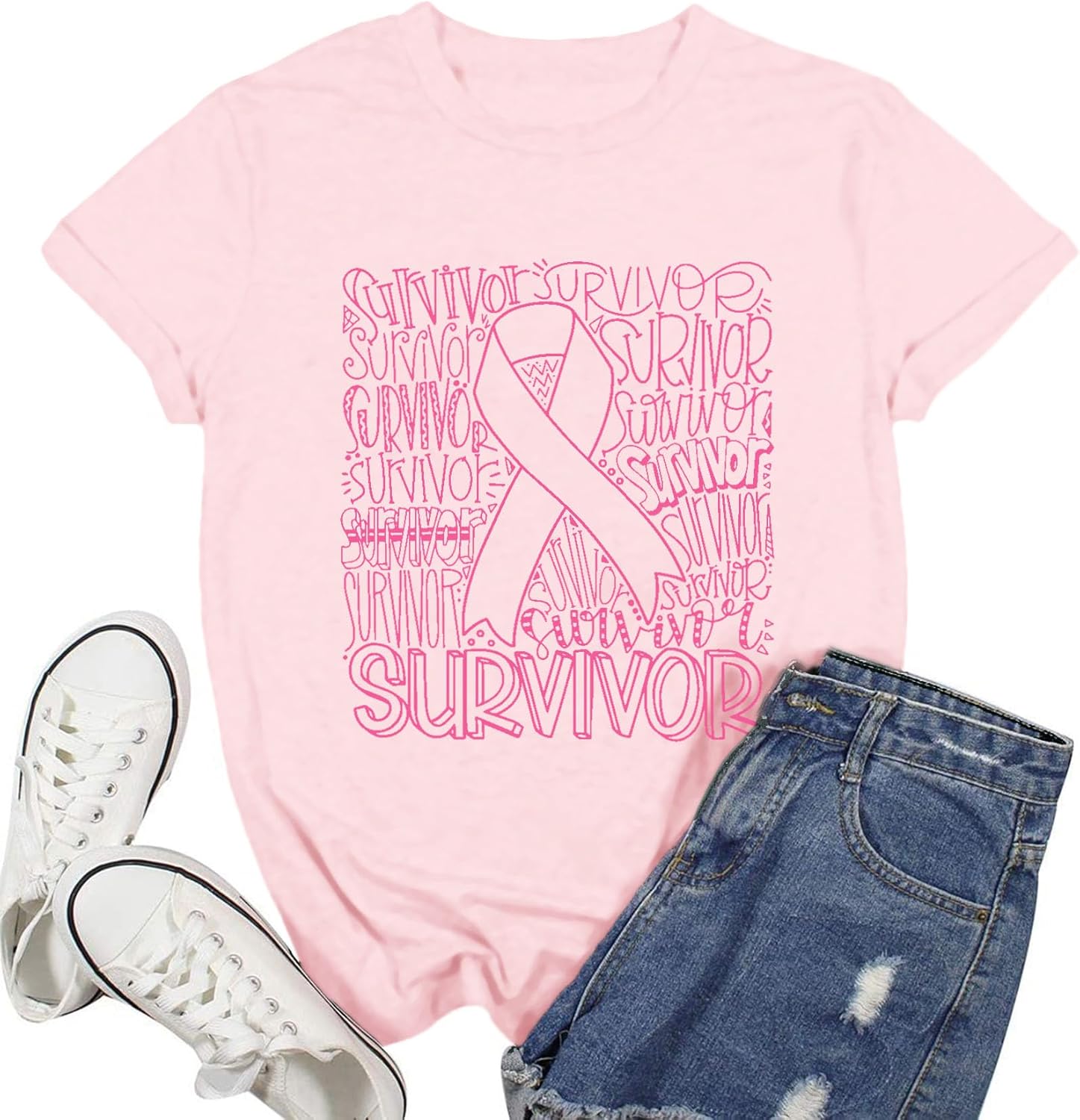Breast Cancer Shirts for Women Breast Cancer Survivor T-Shirt Pink Ribbon Tee Top