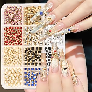 12Grid Punk Square Circle Pearls Rhinestones Nail Charms Luxury 3D Metal Jewelry Nail Gems And Charms For Nails Design Retro Gothic Crystals Diamonds Studs Nail Charm Set Manicure Supplies Accessories