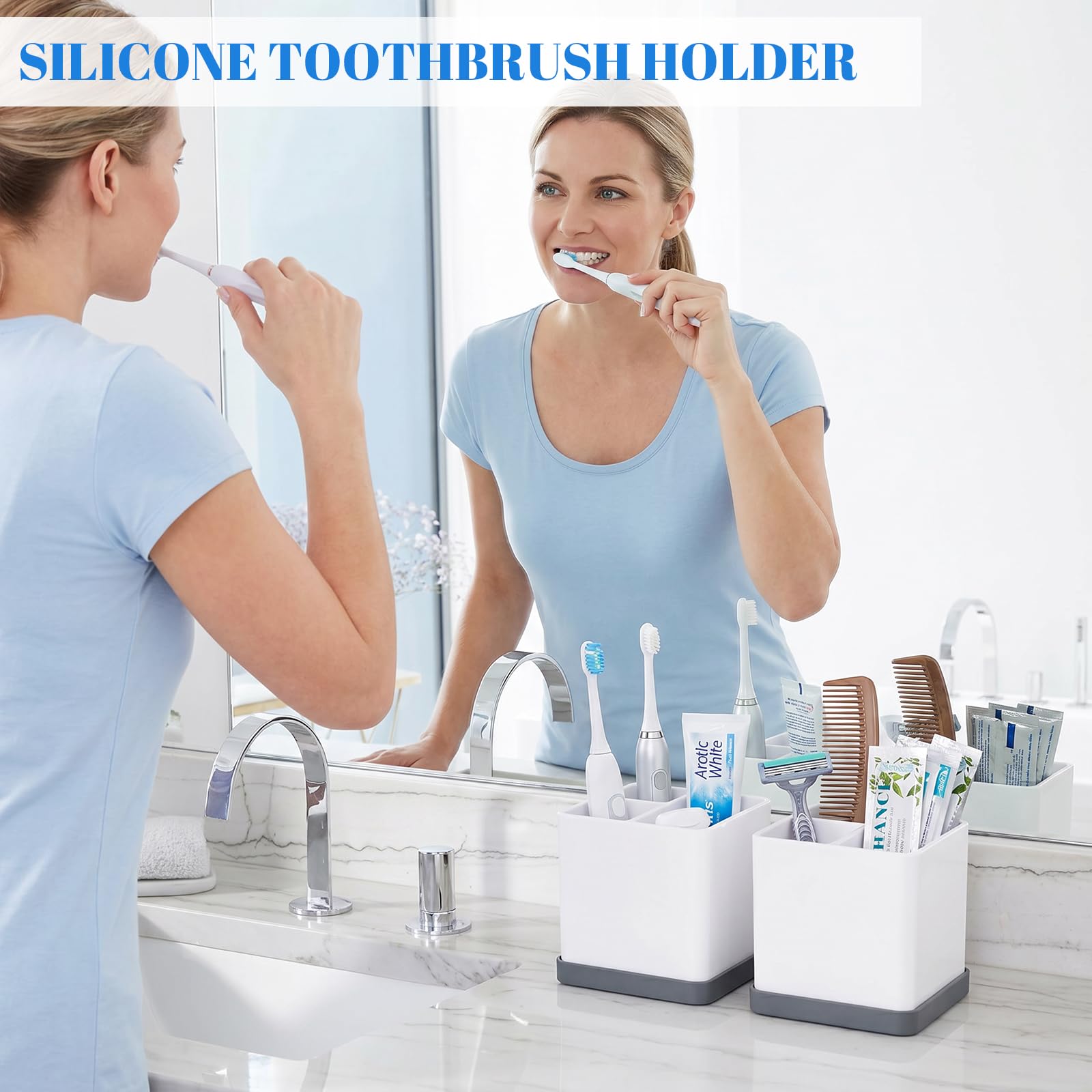 2Pcs Zahnbürstenhalter aus Silikon, 10x10x9cm 3-Fächer-Zahnbürstenhalter für das Badezimmer mit Abflusslöchern, mit herausnehmbarer Schale，Geeignet für Kosmetika und Bleistifte（Grau + Weiß）