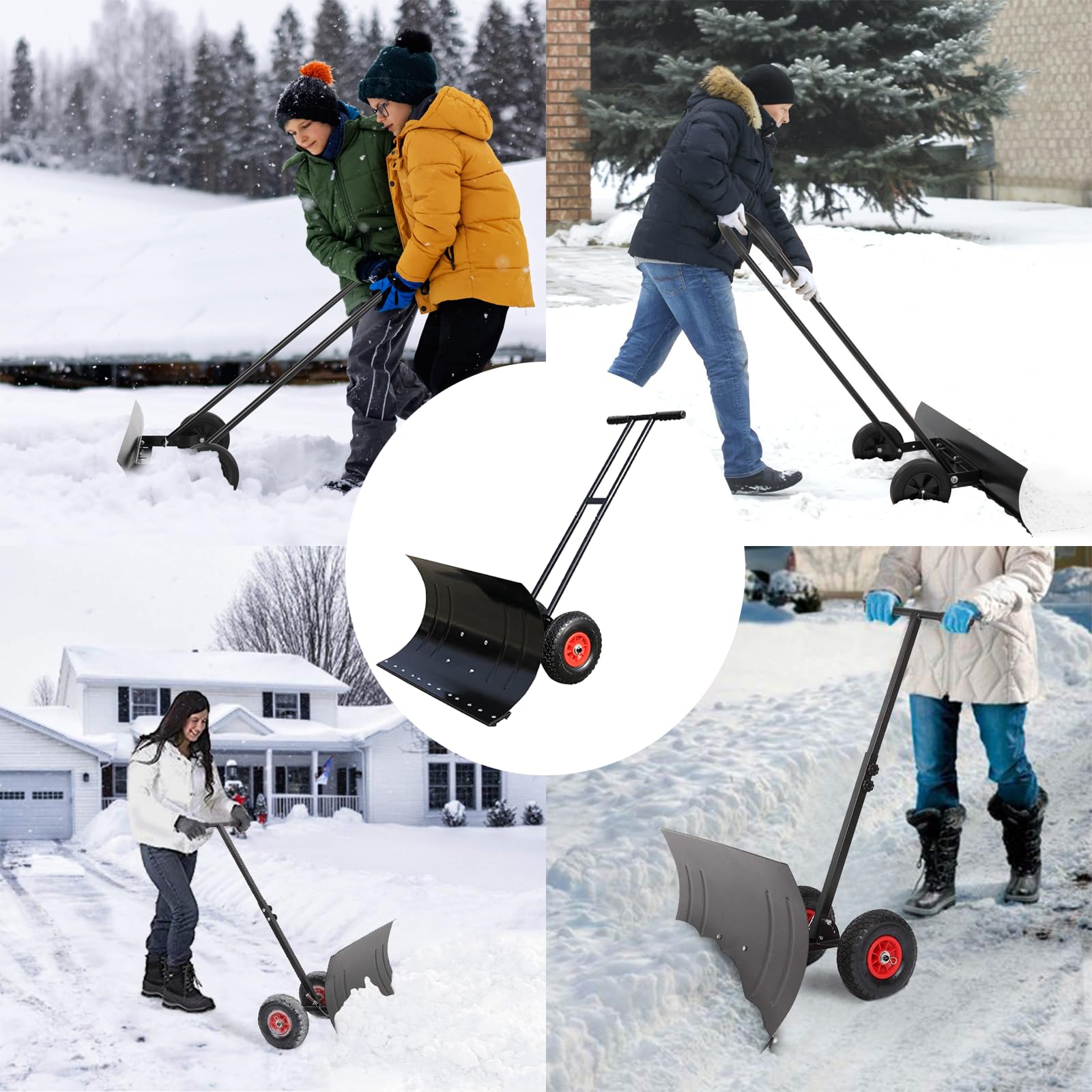 Ręczna pług do śniegu na dwóch wysięgnikach, metalowa łopata do śniegu o szerokości 42 cm z kółkami, regulowany kąt i wysokość, odgarniacz śniegu do odśnieżania podjazdu lub chodnika, S black