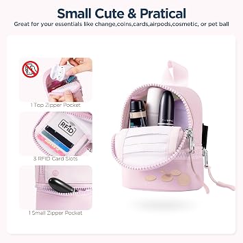 Mini Rfid Card Holder Slim Wallet with Change Zipper Pocket/3 Crad Slots/Key Ring & Mini Backpack Keychain Wristlet Pouch Small Change Coin Purse Cute Zipper Wallet With 3 RFID Card Slots