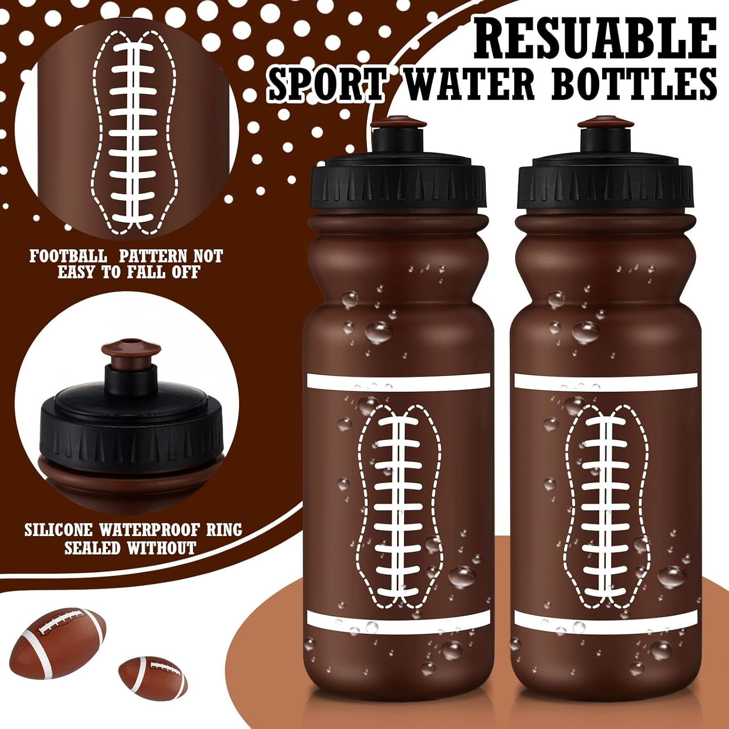 Nitial 12 Pack Water Bottles Bulk 20 oz Reusable Squeeze Water Bottles Plastic Sports Bottle with Pull Top Cap Sports Gifts Tumbler for Travel Gym Sport Party Supplies(Orange,Football) - Image 3