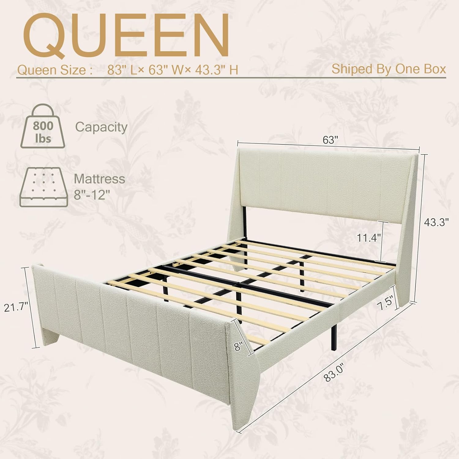 Yechen Bouclé Upholstered Bed Frame Queen, Wingback Bed with Enclosed Design, Headboard & Footboard, Vertical Channel Tufted, Wood Slats, Noise-Free, No Box Spring Needed, Easy Assembly, Ivory