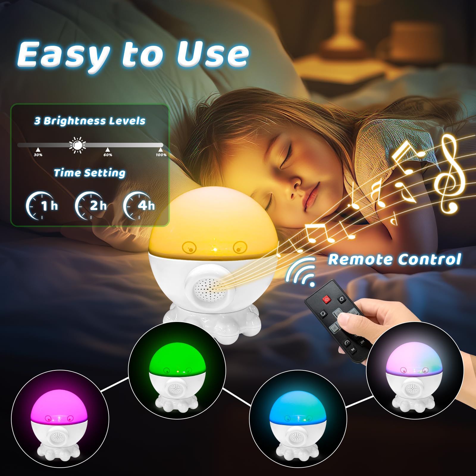 Proyector de luz nocturna para niños, 17 modos de luz, proyector de estrellas oceánicas con rotación de 360°, 3 películas de proyección y 9 canciones de cuna, lámpara de noche para guardería con
