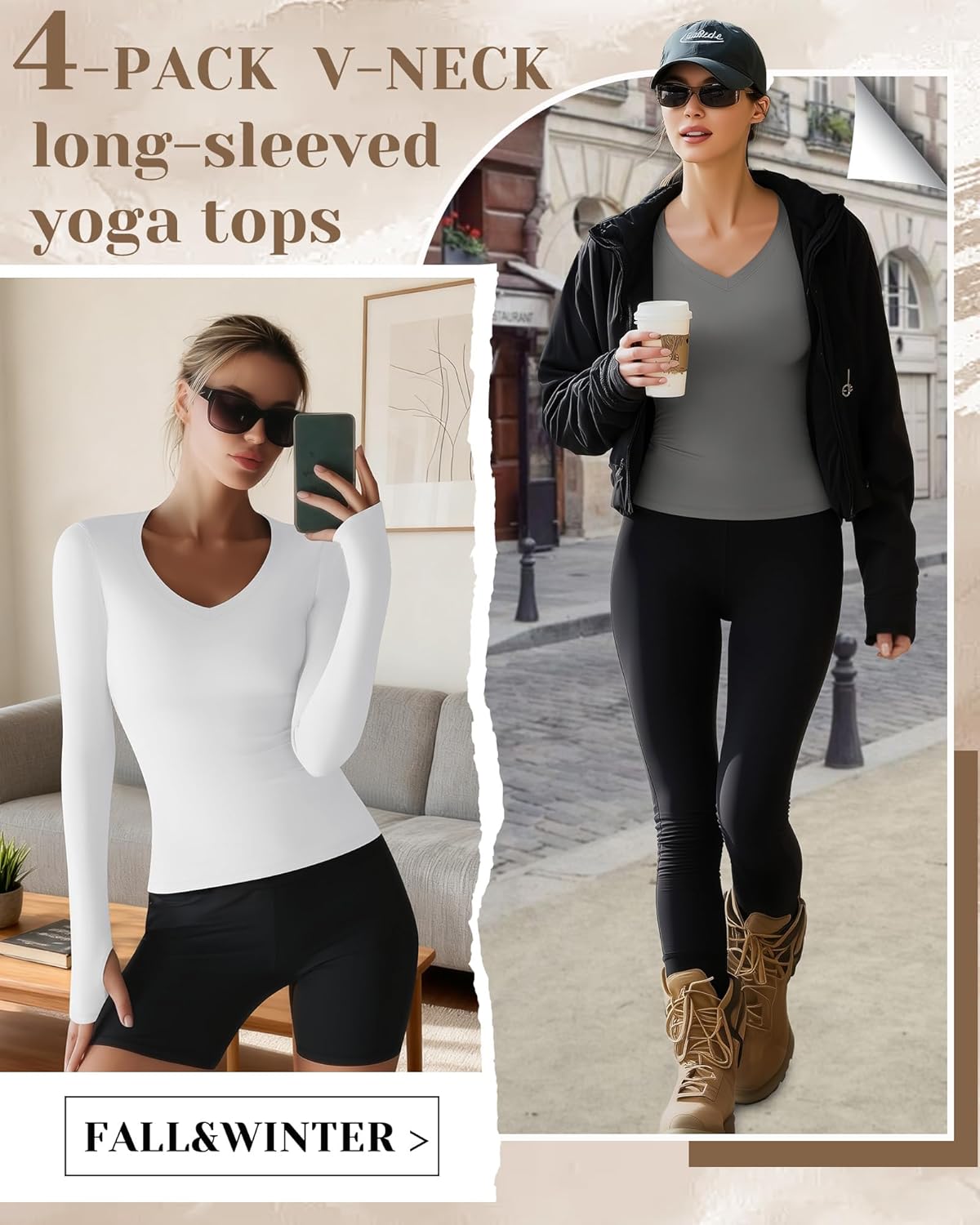 4 Pack Women's Compression Yoga Shirts with Thumb Holes Slim Fit Long Sleeve V Neck Tops Workout Gym Athletic Top - Image 5
