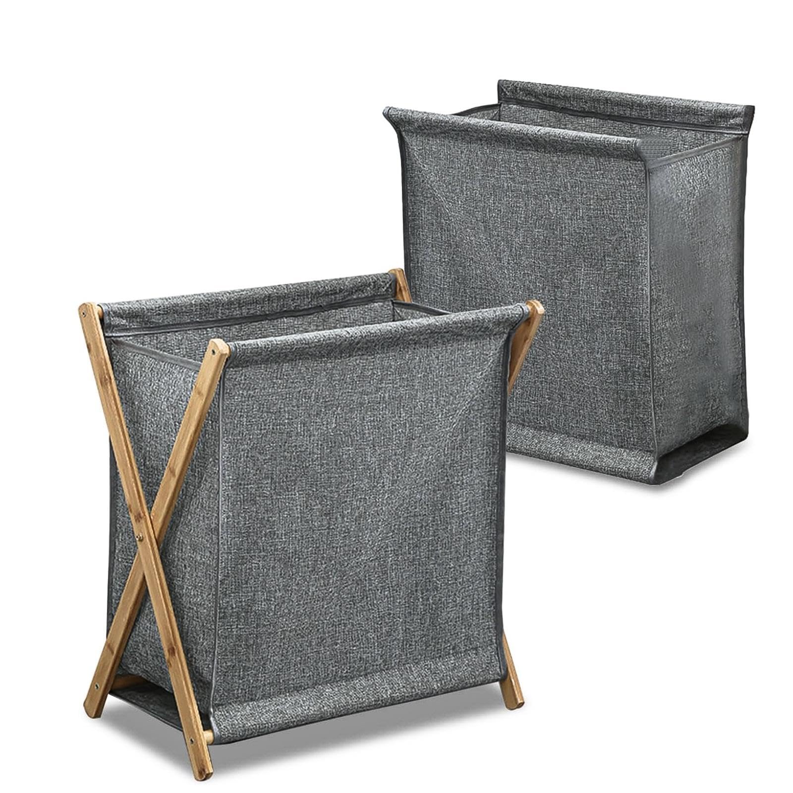 Bamboo Laundry Hamper Sorter Cart, Portable and Collapsible Folding Clothes Laundry Basket Storage with Removable Liner Bag, X Frame, Bamboo Laundry Organizer Cabinet for Bathroom - Large/Grey