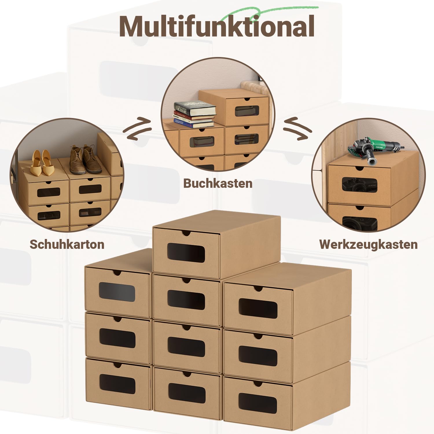 20 cajas de almacenamiento para zapatos, color marrón claro, con ventana, plegables, apilables, cajas para zapatos, cajón, cajas multiusos de cartón kraft para hasta la talla 45