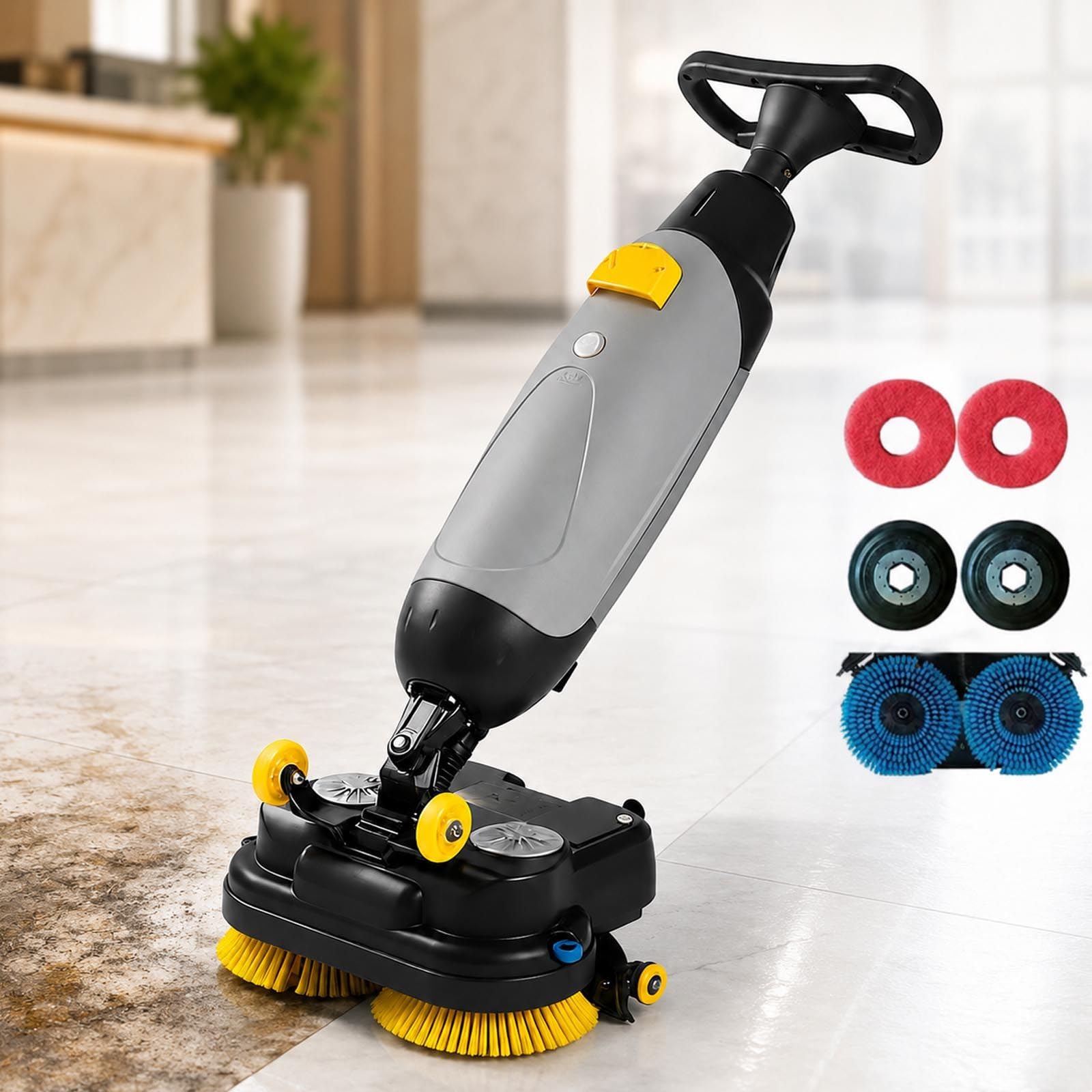 Fregadora Compacta Sin Cable, Máquina Fregadora de Suelos Profesional con Doble Cepillo Rotativo y Limpieza Húmeda y Seca para Locales Comerciales Grey