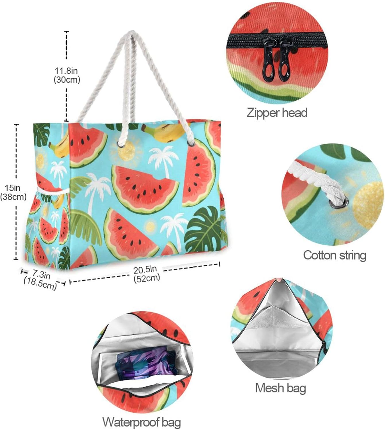 OTVEE Watermelon Tropical Leaves Pattern Beach Bags for Women Ladies Large Canvas Tote Shoulder Bag Waterproof Travel Bags for Gym Swim Pool Camping