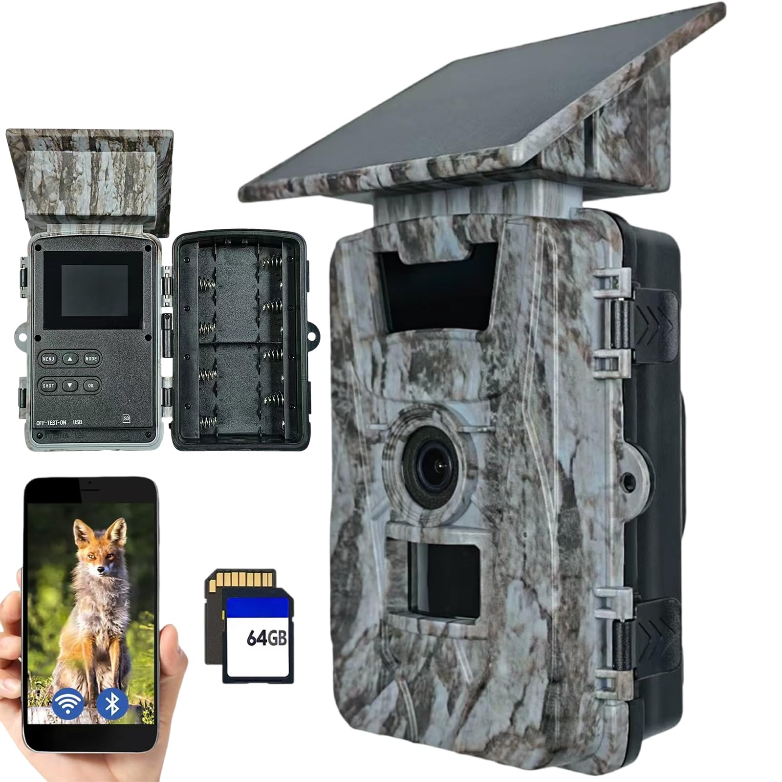 EMEBAY Cámara de Caza Solar Tarjeta SD de 64GB, 4K 60MP WiFi Cámara de Caza | Batería Recargable 5200mAh, Cámara de Fototrampeo con Visión Nocturna Infrarroja, Detección de Movimiento, IP66