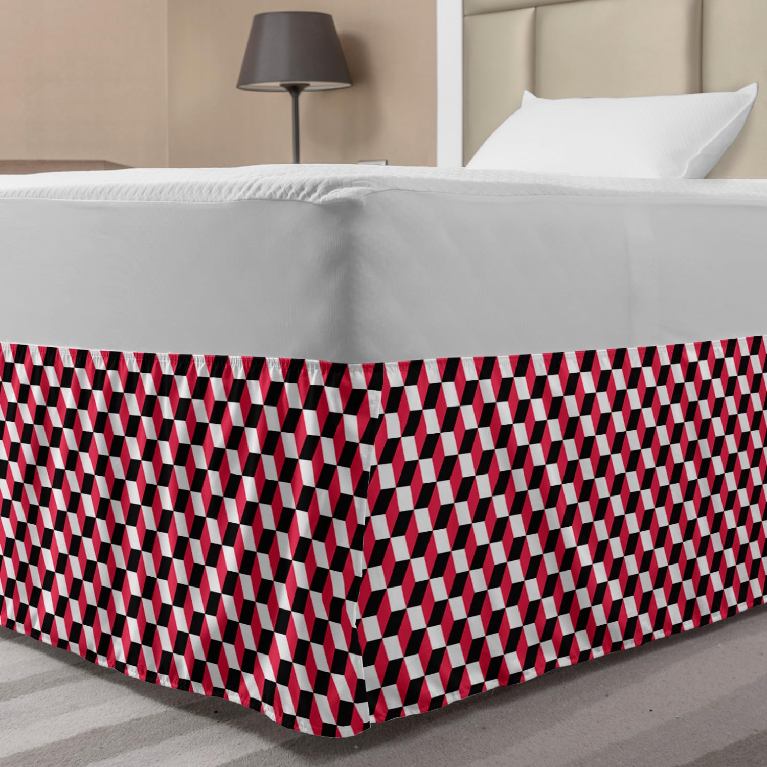 Lunarable Abstract Bedskirt Geometric Cube Prisms Flat Ornament Retro Minimalist Fashion Grid Pattern Bedroom Decor Wrap Around Elastic