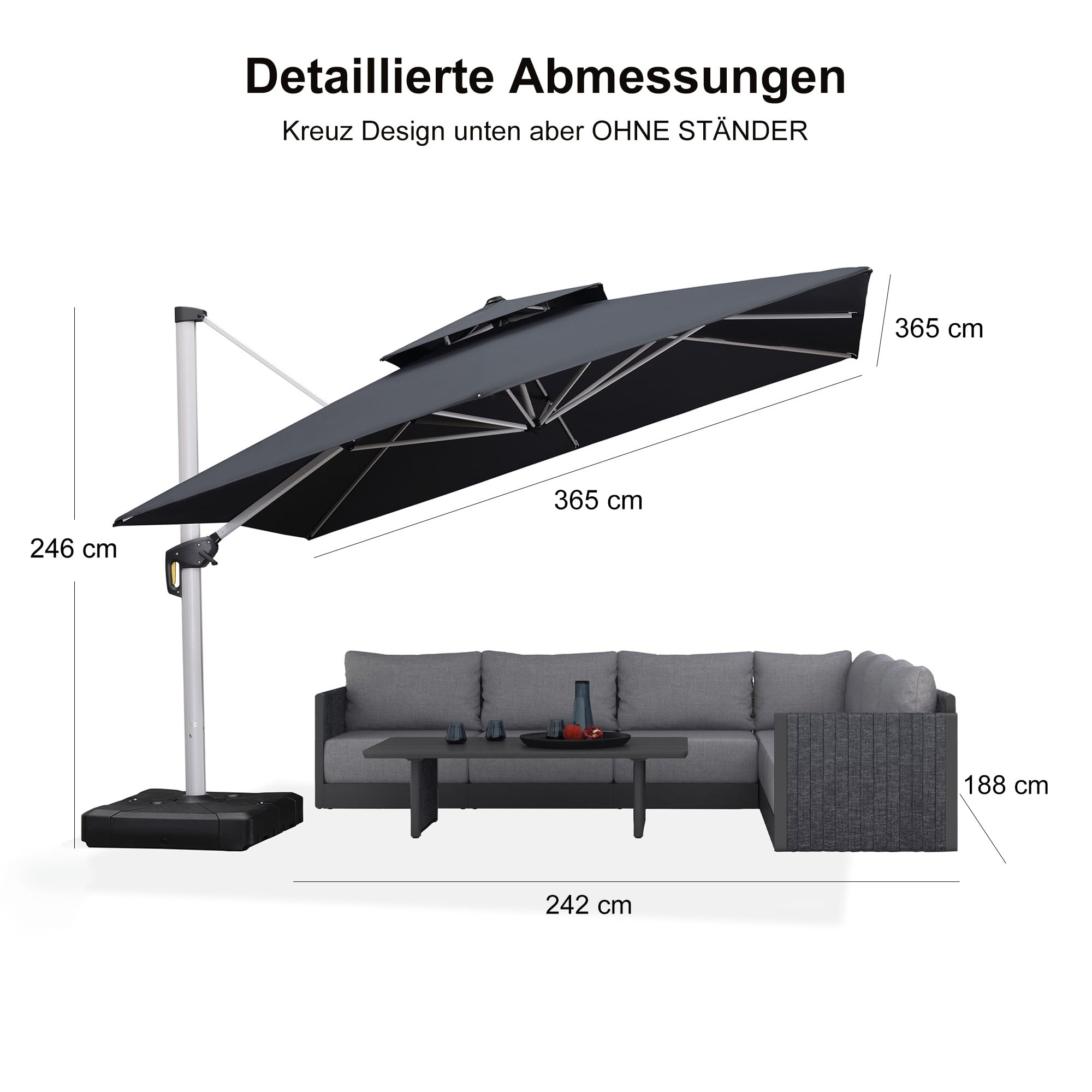 PURPLE LEAF Sonnenschirm 365 × 365 cm Doppeldach Groß 360° Rotation, Grau | UV 50+ Polyester, Stabiler Alurahme Ampelschirm, 360° Drehung Flexible Beschattung, Einfache Aluguss-Griff, Terrasse