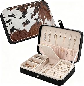 Small Jewelry Box for Women, Western Cow Print Leather Portable Jewelry Organizer Storage Holder Display Travel Jewelry Case for Ring Earrings Necklace Girl Gifts