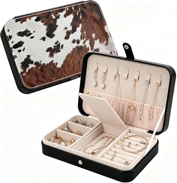 Small Jewelry Box for Women, Western Cow Print Leather Portable Jewelry…