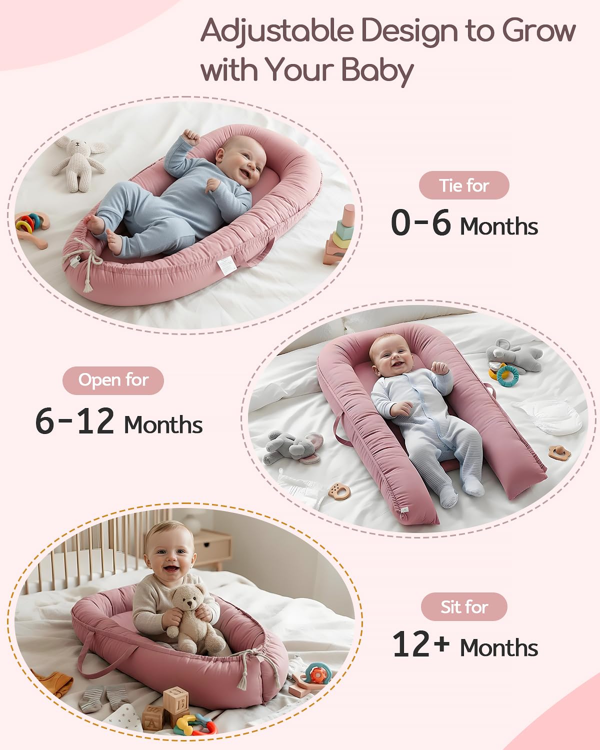 Baby Lounger - Infant Lounger for Newborn 0-24 Months, Pure Cotton Breathable Baby Nest Lounger, Newborn Essentials for Baby Boys & Girls, Portable Baby Lounger for Home and Travel - Image 2