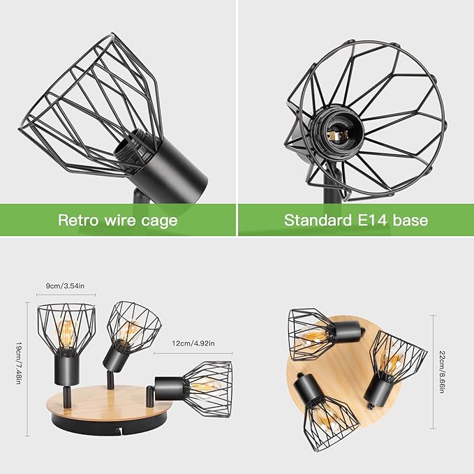 Kimjo Kimjo Led plafondspot 3 vlammen rond hout draaibaar, plafondlamp spot plafondlamp E14 3 vlammen zwart, spot wandlamp keukenlamp woonkamer plafondspot slaapkamer geen lampen photo 3