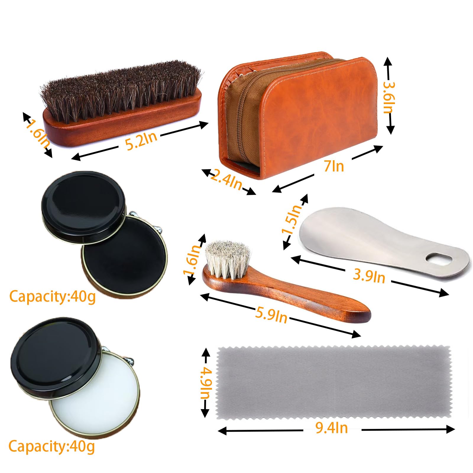 Shoe Care Kit,includes a Medium Horsehair Shoe Brush, a Long-Handled Round Brush, White Shoe Polish, a Black Shoe Polish, a Polishing Cloth, a Shoe Horn, and a Storage Box.