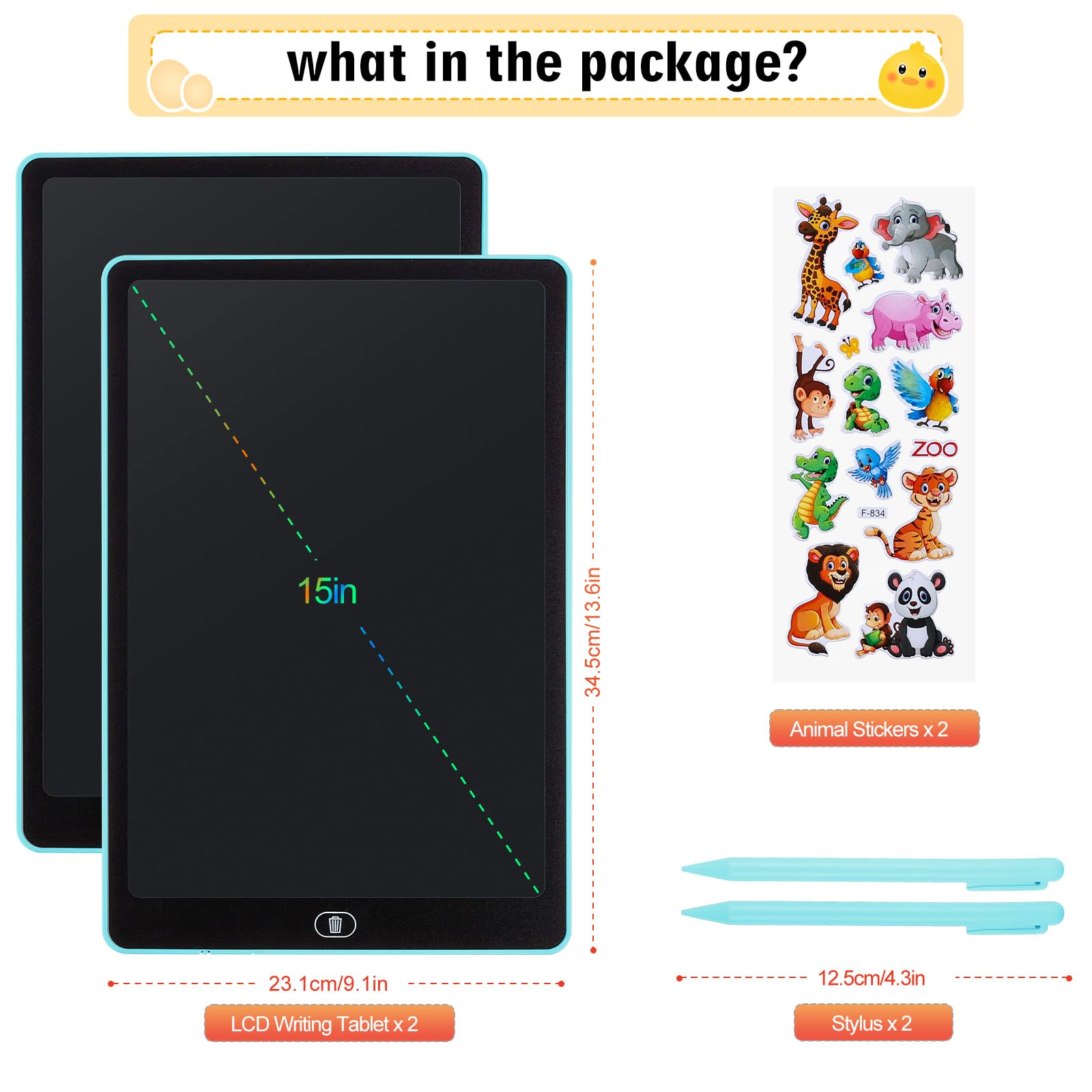 Damcyer 2 Pezzi Tavoletta Grafica LCD Scrittura 15 Pollici,LCD Tavoletta Grafica Bambini con Schermo Colorato,Taccuino Cancellabile con Adesivi Animali,per Ragazzi e Ragazze di età 3 4 5 6,Blu+Blu