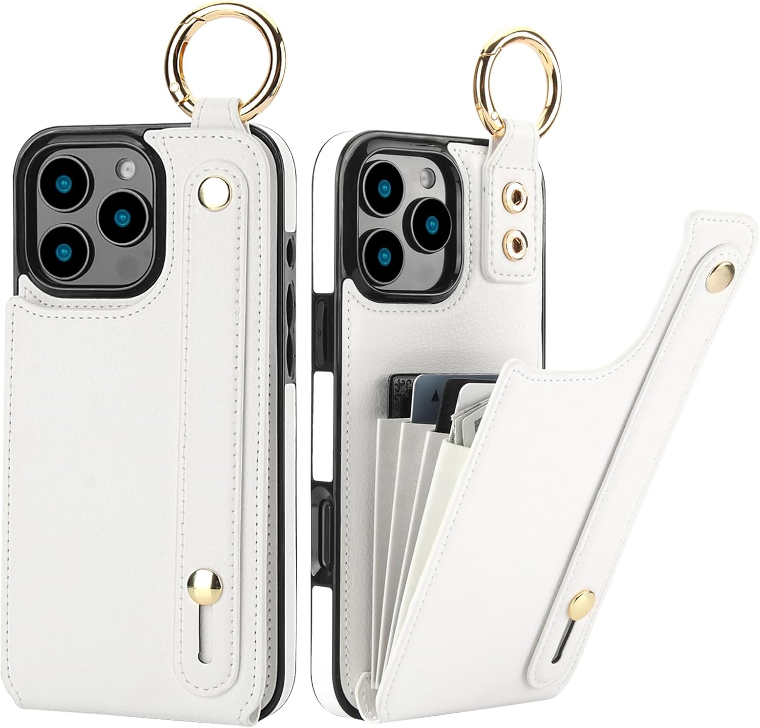 Folosu for iPhone 16 Pro Max Wallet Case with Card Holder, Hand Wrist Strap Loop Holder Kickstand, RFID Blocking Finger Grip Ring PU Leather Double Buttons Shockproof Cover 6.9" White