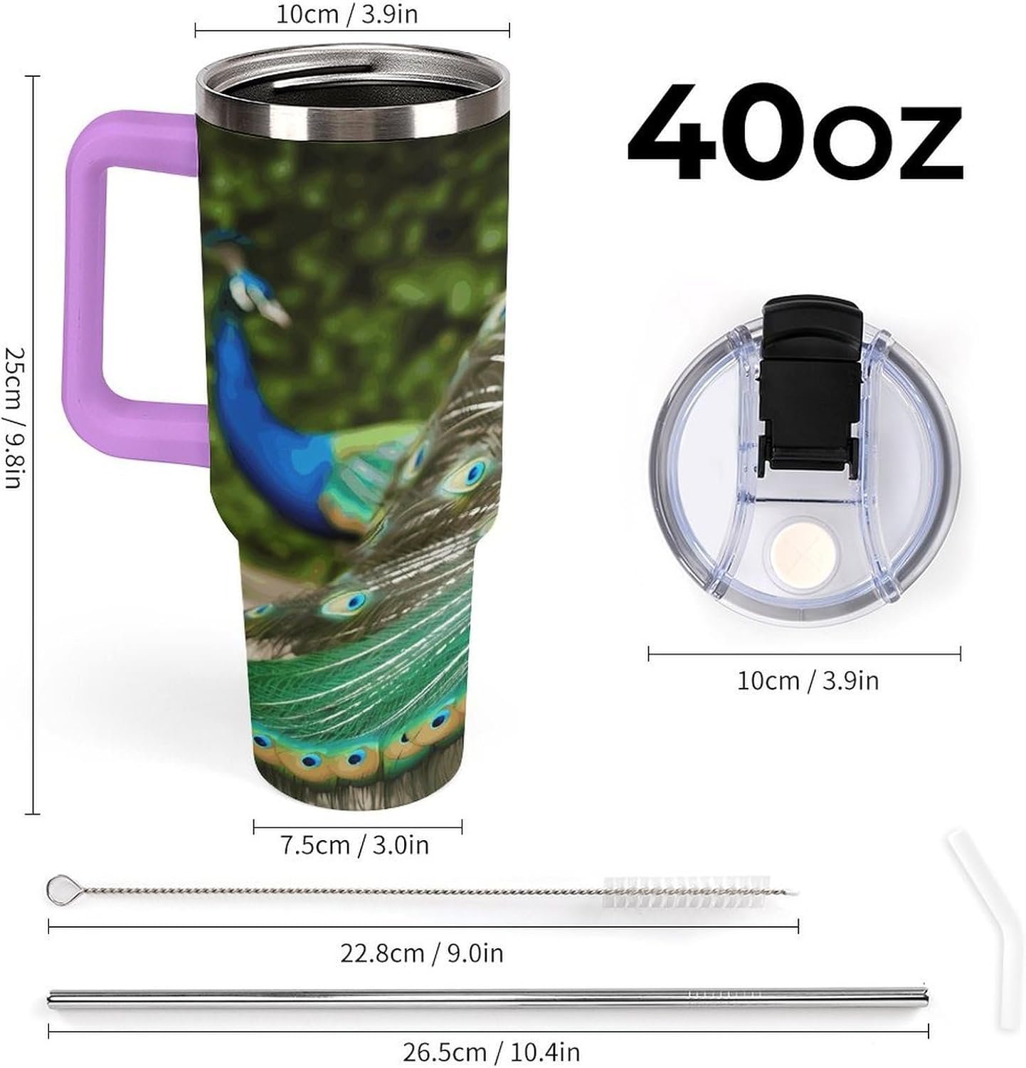 Beautiful Peacock Tumbler Stainless Steel Large Car Cup with Handle&Straw Lid Portable Coffee Cup Leak-proof Water Bottle Insulated Vacuum Travel Mug for Home Outdoor 40oz
