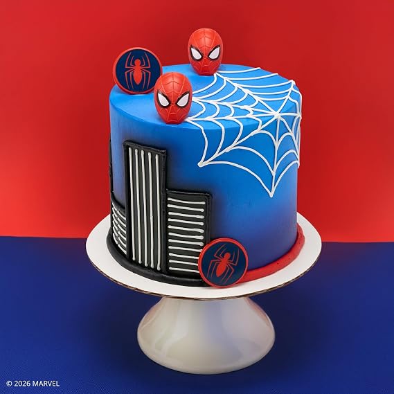 DecoPac Marvel's Spider-ManTM Spider and Mask Rings, Spider-Man Cupcake Decorations, Red and Blue Food Safe Cake Toppers 24 Pack