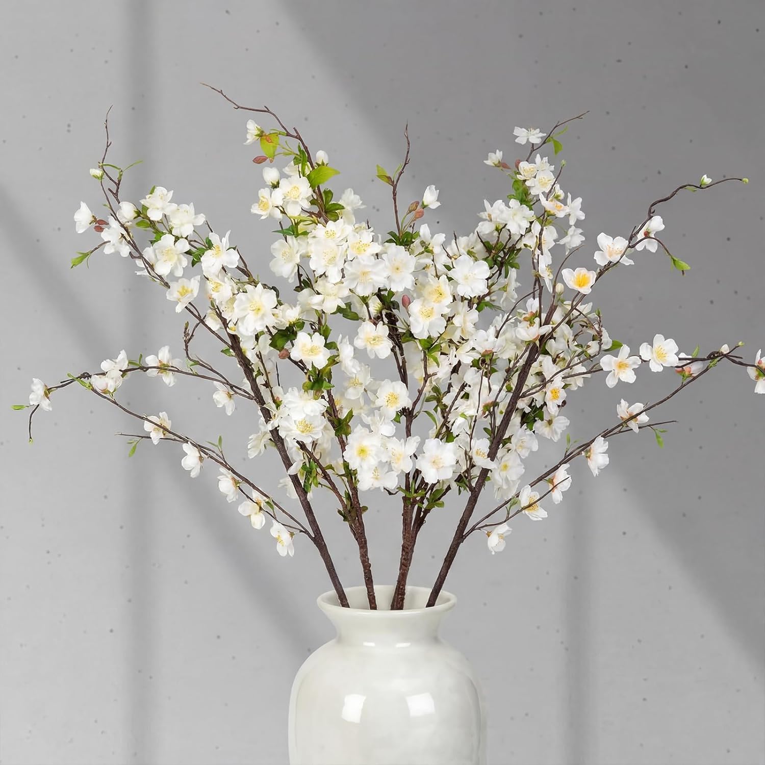 Giegxin 42 Inch Spring Faux Cream Cherry Blossom Branches 3 Pcs Artificial White Cherry Blossom Stems Fake Spring Blooming Long Stem Bush for Vase Floral Arrangement Wedding Party Home Decoration