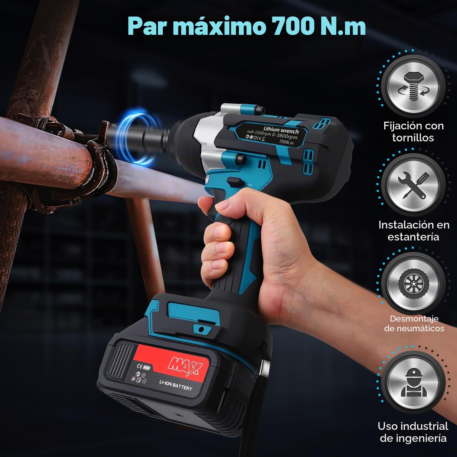Pistola de impacto bateria 700N Llave de impacto con 2 baterías, 3 Velocidades variables, LED Llave de impacto a bateria, Parada de freno, para Reparación de Automóviles, Bricolaje