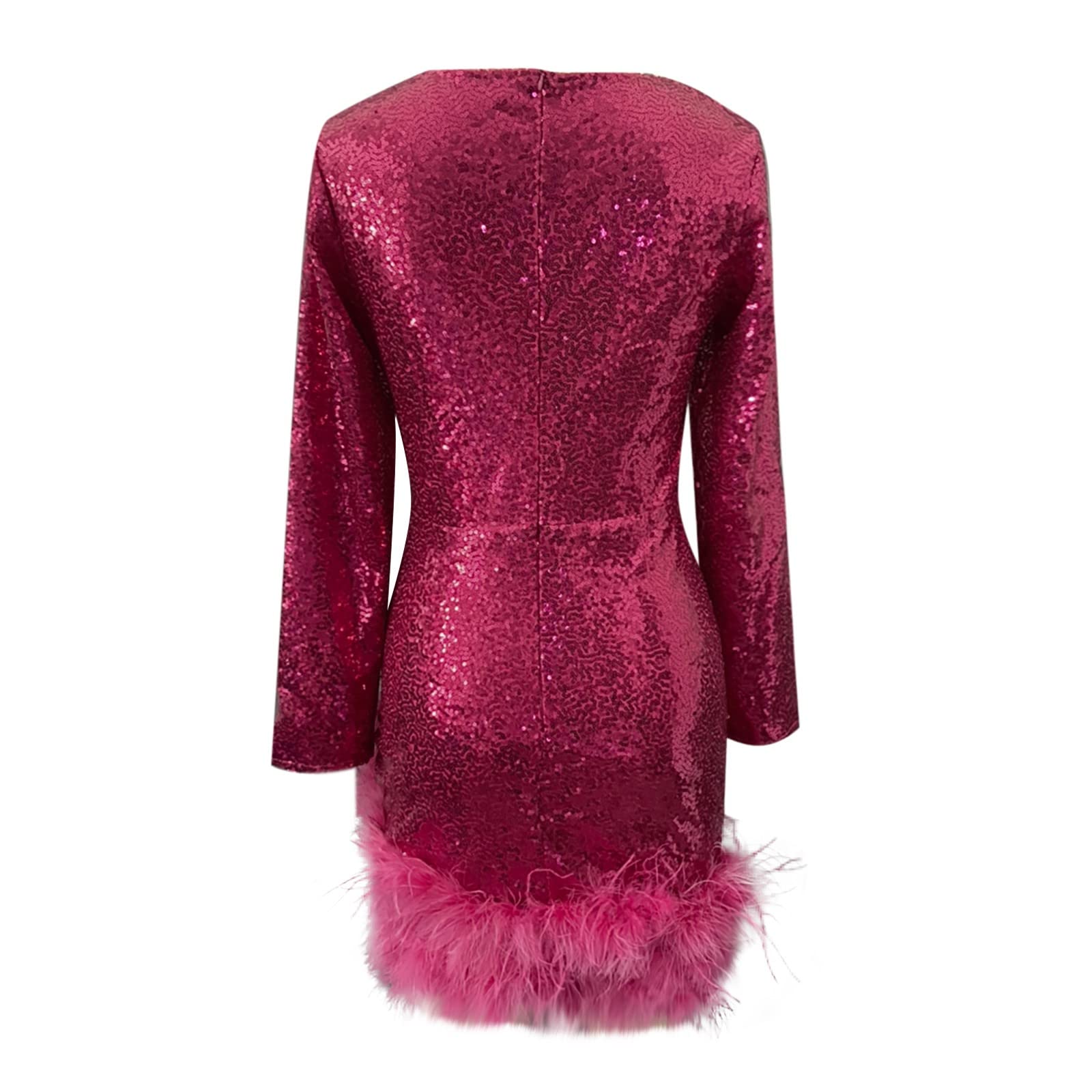 Vestido Coctel Mujer Vestidos De Fiesta Mujer Elegantes Cortos Manga Larga Costura Lentejuelas Pluma Sexy Noche Vestido para Bailes Y Bodas