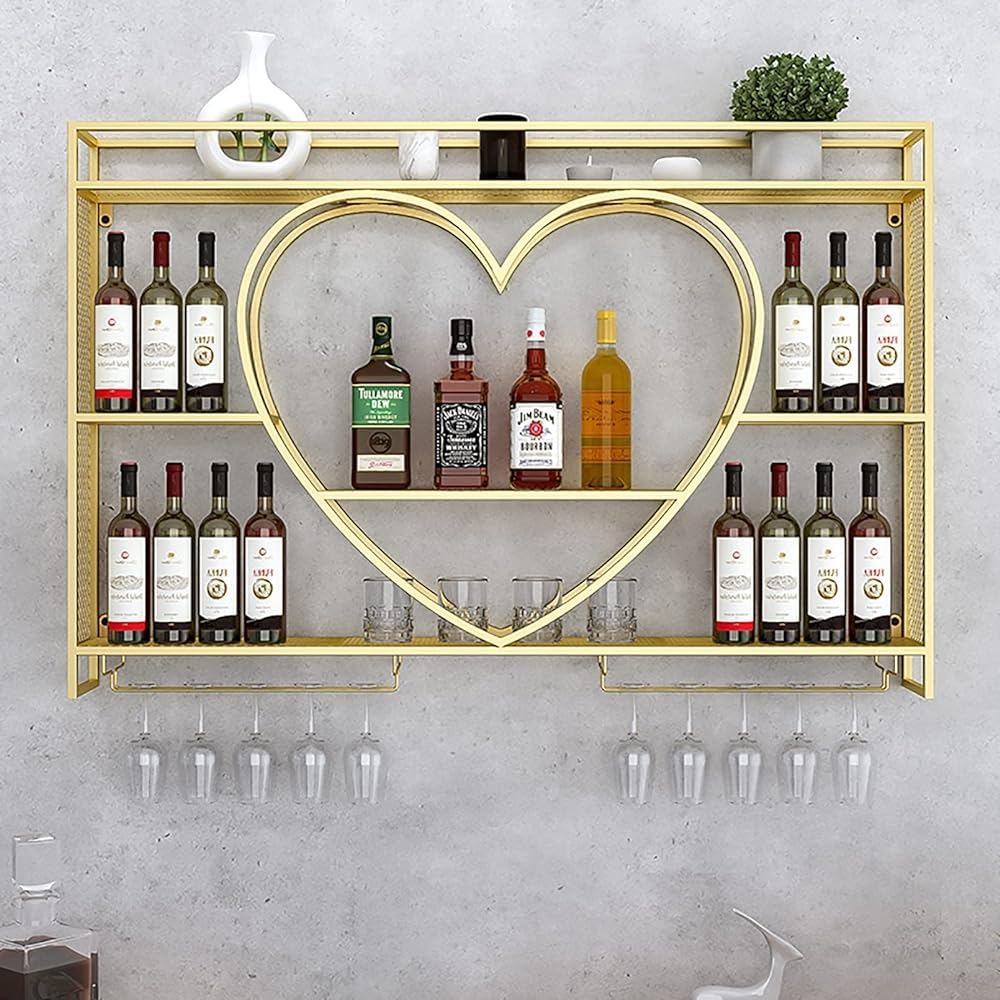 Casier à vin mural en fer doré pour optimiser le rangement des verres et bouteilles de bar