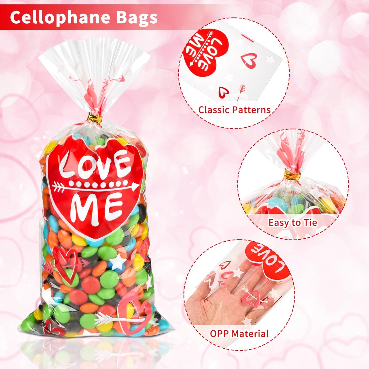 Ohuimrt Valentines Cellophane Treat Bags, 100 PCS Red Heart Valentines Day Gift Bags with Ties, Clear Goodie Bags for Snack Candy Cookie Party Favor Packaging - Image 3