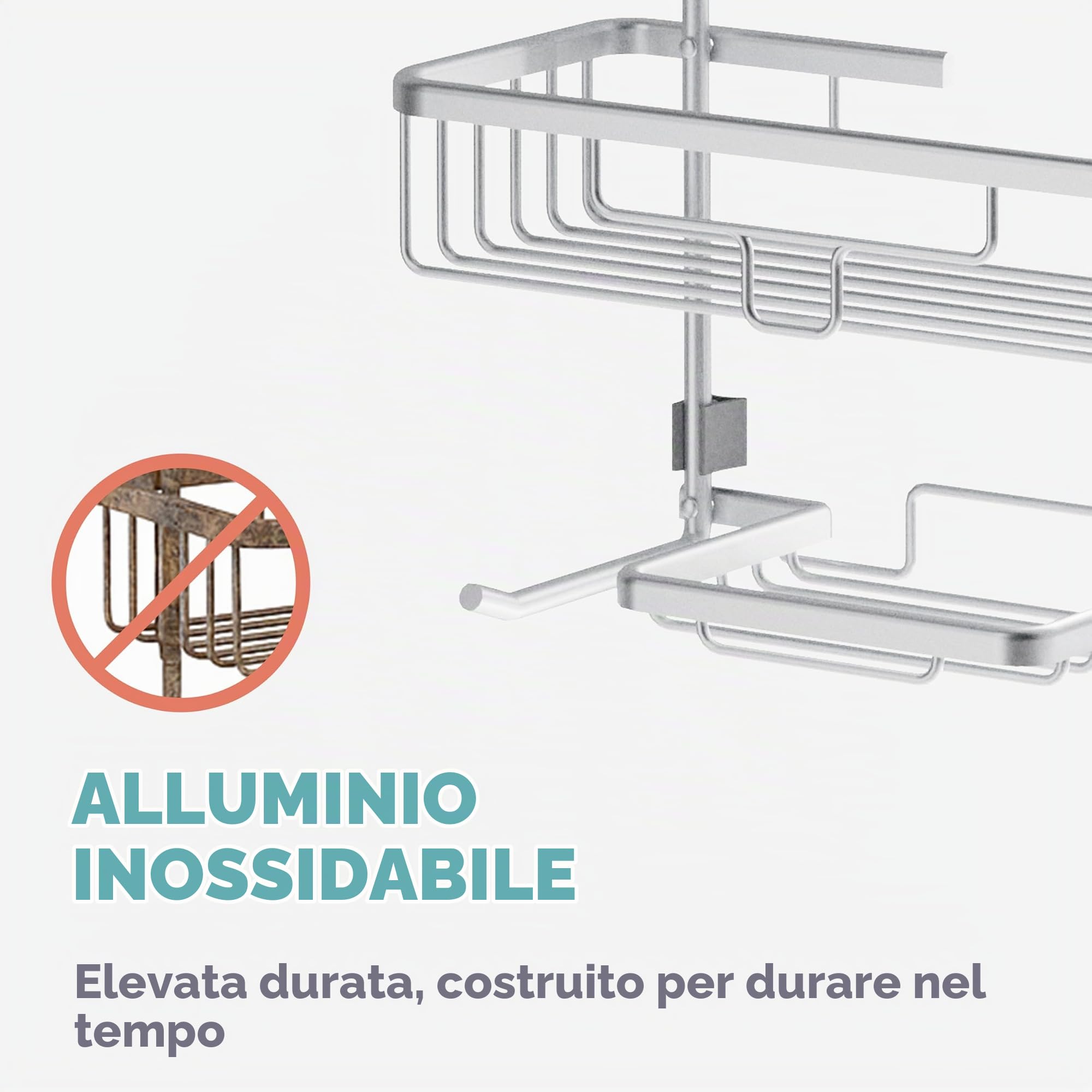 Zenna Home Mensola da doccia sospesa con 2 ripiani, portasapone, porta rasoi e ganci, in cromo satinato, antiruggine, senza fori, organizer per soffione doccia di alta qualità e rack per doccia da